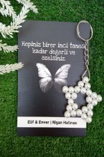 15 Adet Siyah Kelebek Kartlı İnci Anahtarlık - Nikah Hediyesi - Kına Hediyesi - İsim Yazılır - Görsel 2