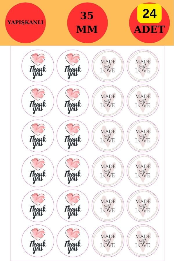 24 Adet - Thank You & Handmade With Love Sticker - Paketleme Sticker - Hediye Sticker -