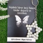 15 Adet Siyah Kelebek Kartlı İnci Anahtarlık - Nikah Hediyesi - Kına Hediyesi - İsim Yazılır