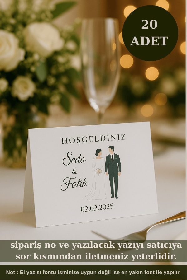Gelin & Damat | 20 Adet Masa Kartı - Nişan Masa Kartı - Nikah Masa Kartı - Tek Yön 1.hamur