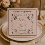 25 Adet Kare Masa Kartı - Hatıra Kartı - Nişan & Düğün Masa Kartı - 14x14 Kalın Kart - Yeşil Çiçek