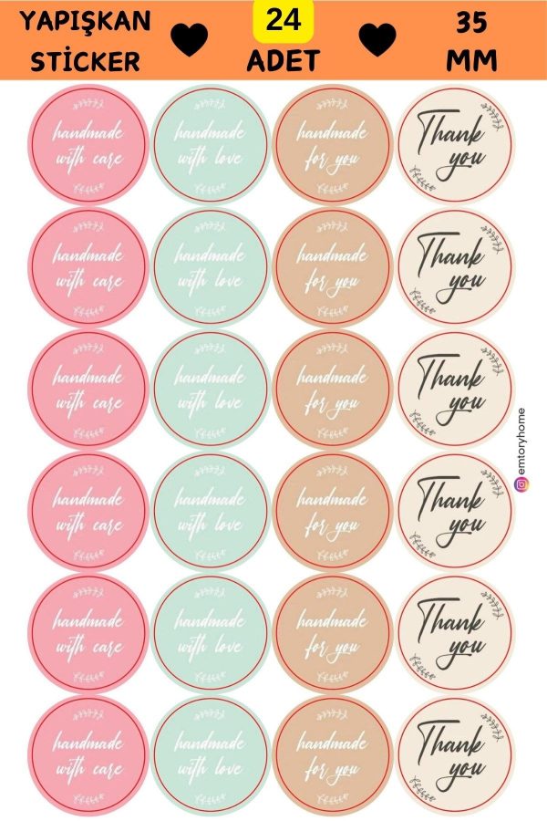 24 Adet - Handmade Sticker | With Case & With Love & For You Sticker -  Thank You Sticker
