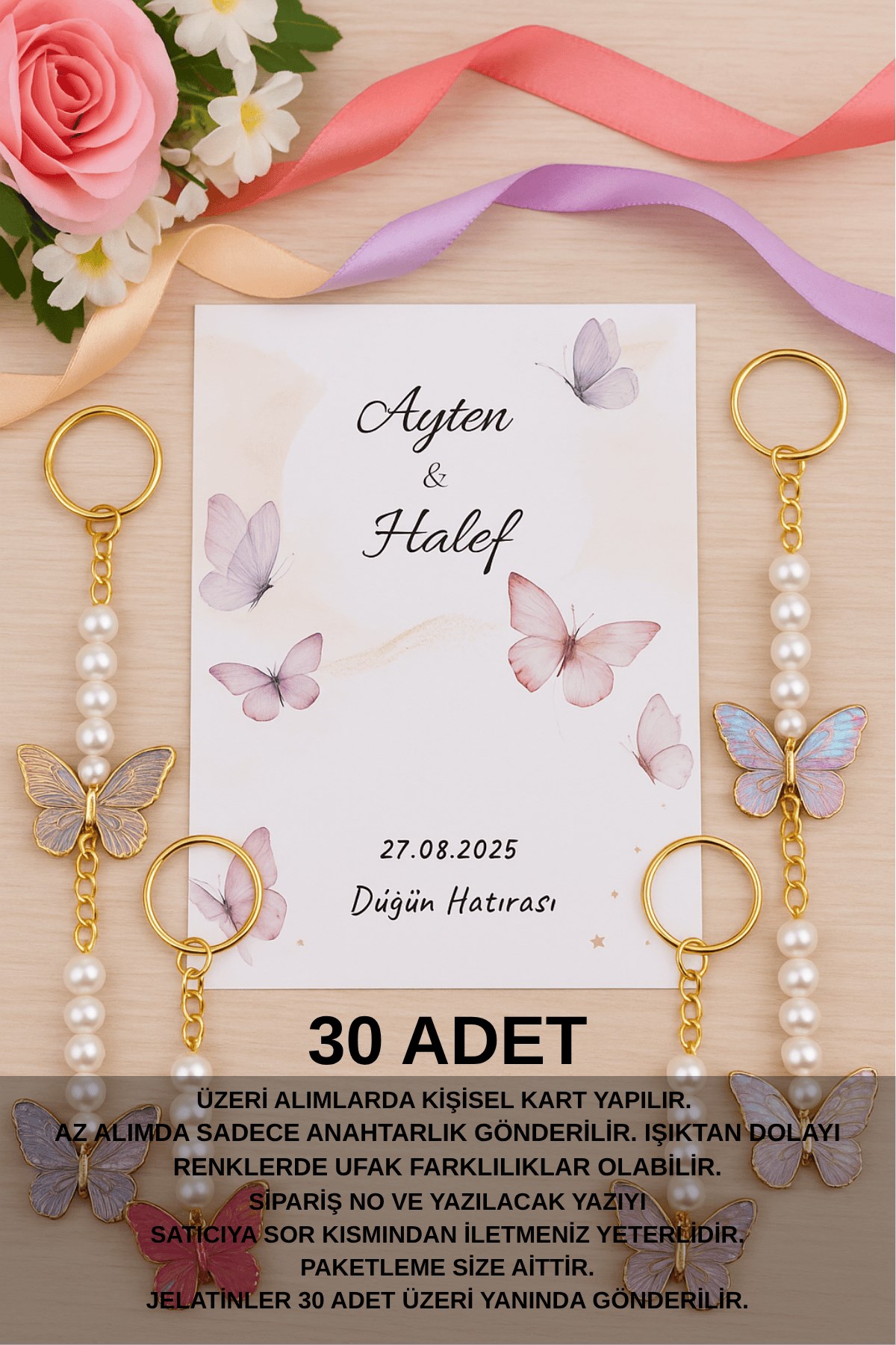 cb411fa9c55744b4a181dbea9a3f9475.jpg 10 Adet Renkli Kelebek Kartlı Anahtarlık - Nişan Hediyesi - Nikah Hediyesi - Kına Hediyesi - Görsel 1