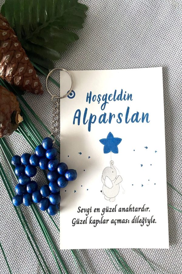 100 Adet Zincirli Ahşap Yıldız Anahtarlık Bebek Hediyeliği Fil & Balon Konsept