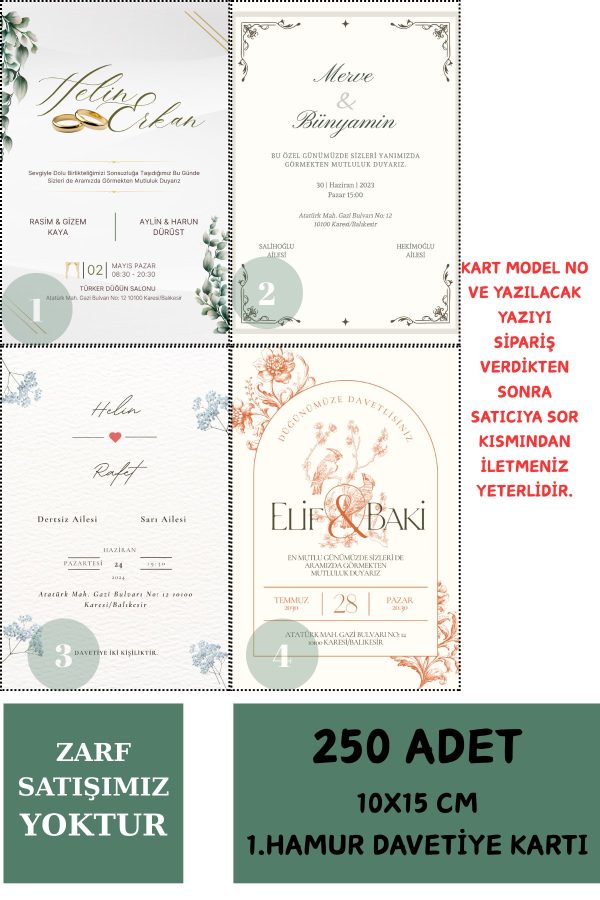 250 Adet Davetiye Kartı - Nişan Davetiyesi - Nikah Davetiyesi - Düğün Davetiyesi -SADECE KART