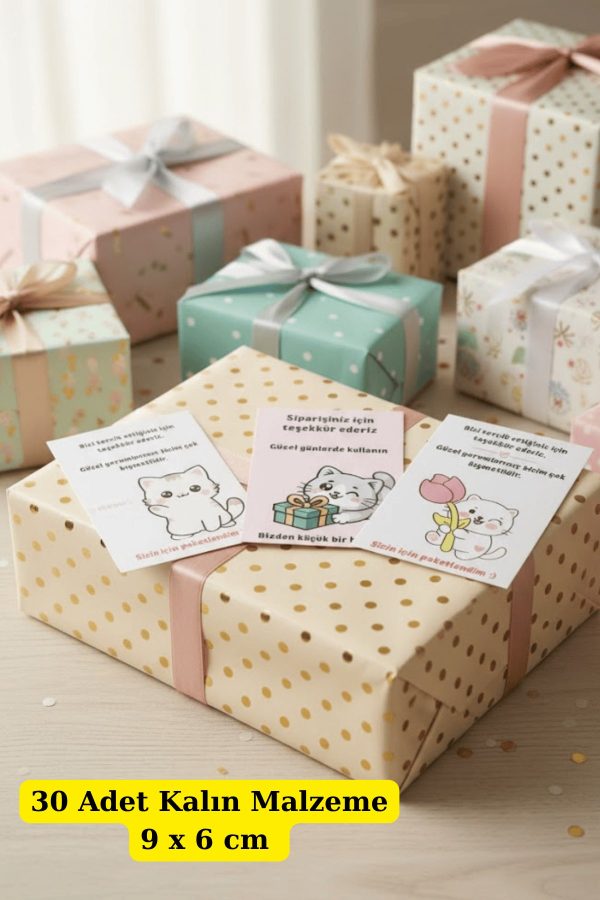 30 Adet Meow Serisi Paketleme Hediye Kartı - Teşekkür Kartı - Sipariş Paketleme Kartı 9x6cm