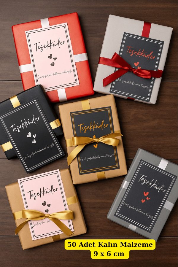 50 Adet Çizgi Detaylı Teşekkür Kartı - 5 Model - Paketleme Kartı - 9x6cm Kalın Parlak