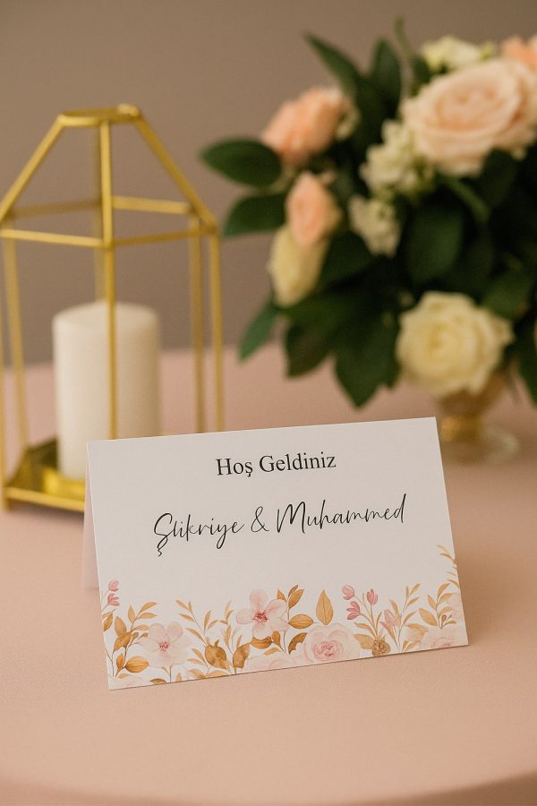 Kuru Çiçekli Nişan Masa Kartı Çift Yön Baskı - 11x16cm - İsme Özel - Nişan Kartı - Nikah Kartı