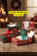 25 Adet Yılbaşı Paketleme Kartı - Gold İpli Süsleme Kartı - Yılbaşı Hediyesi - Not Kartı 5 Model