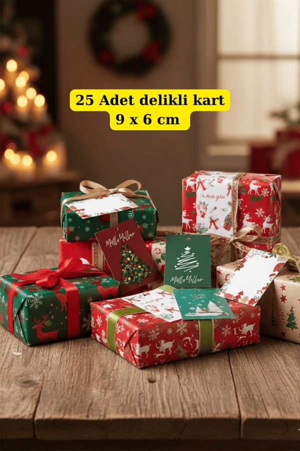 25 Adet Yılbaşı Paketleme Kartı - Gold İpli Süsleme Kartı - Yılbaşı Hediyesi - Not Kartı 5 Model