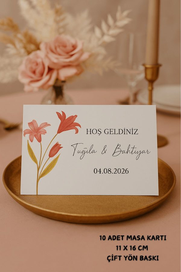 Zambak Nişan Masa Kartı Çift Yön Baskı - 11x16cm - İsme Özel - Nişan Kartı - Nikah Kartı
