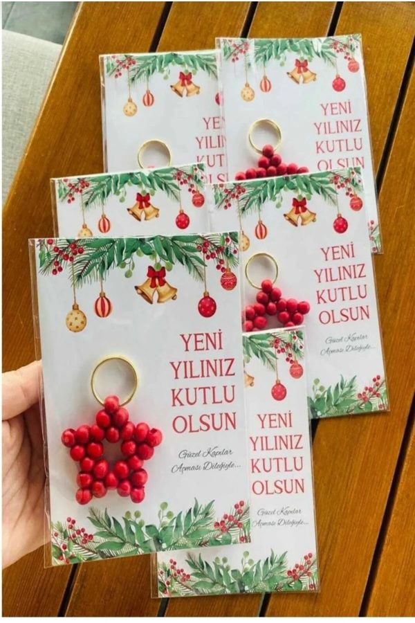 5 Adet Yeni Yılınız Kutlu Olsun Kartlı Hediyelik Anahtarlık - Ahşap Kırmızı - Yılbaşı Hediyesi