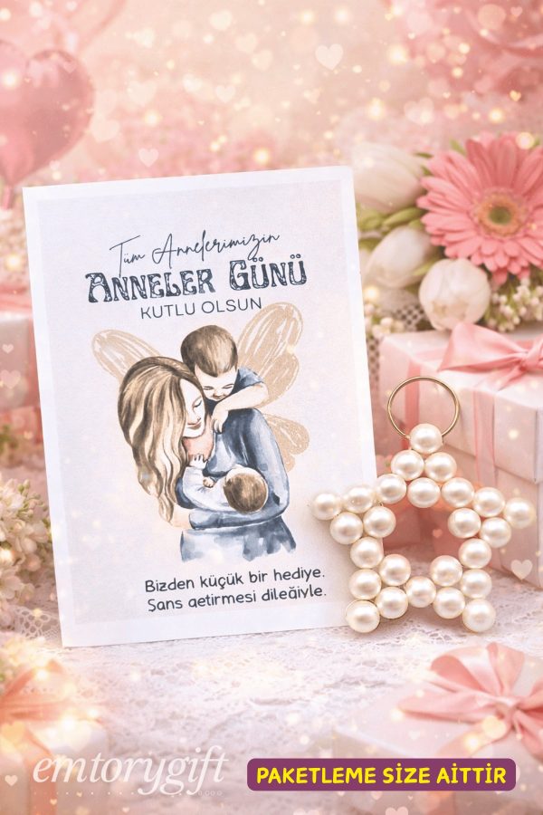15 Adet Anneler Günü İnci Yıldız Anahtarlık - Anne Çocuk Kart Konsept - Anneler Günü Hediyesi
