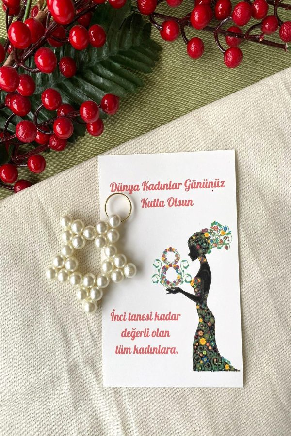 10 Adet Kadınlar Günü Hediyelik Kartlı İnci Anahtarlık - Tek Tek Jelatinli (M101)
